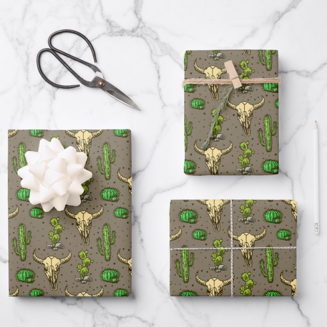 Hand Drawn Western Bull Skull Desert Cactus Patter Wrapping Paper Sheet (Front)