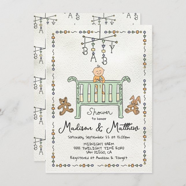 Hand Drawn Whimsical Baby Crib Mobile Invitation (Front/Back)