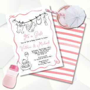Hand drawn whimsical Baby Shower Clothesline Girl Invitation