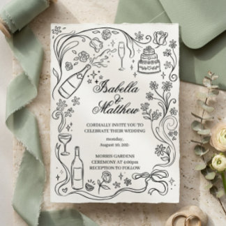 Hand Drawn Whimsical Black and Wedding Invitation