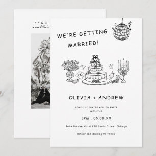 Hand Drawn Whimsical Black and White Wedding Invitation