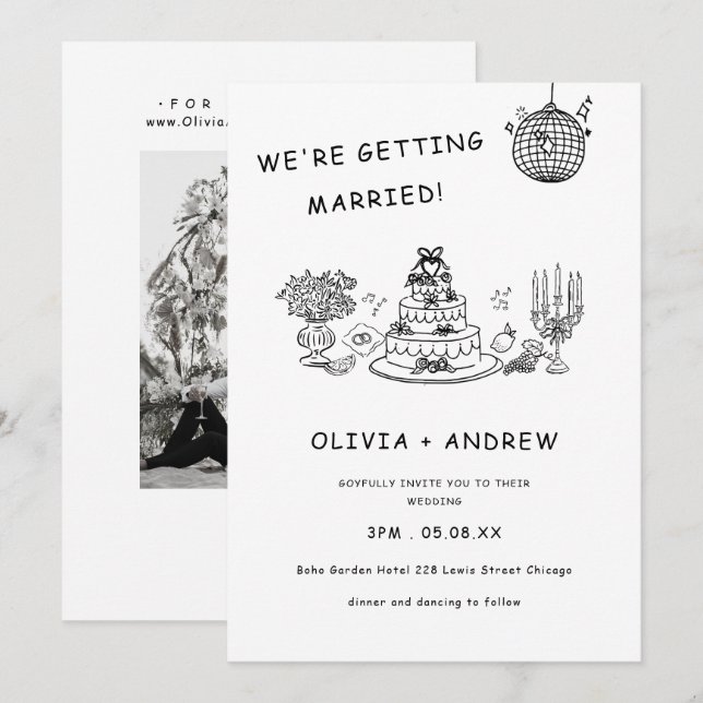 Hand Drawn Whimsical Black and White Wedding Invitation (Front/Back)