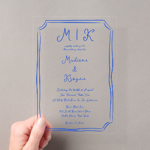 Hand Drawn Whimsical Blue French Wedding Acrylic Invitations