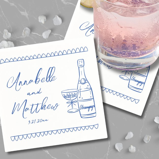 Hand Drawn Whimsical Blue Wedding Napkin (Hand Drawn Whimsical Blue Wedding Napkins)