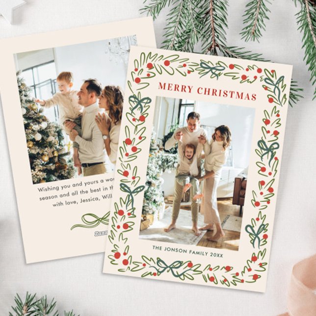 Hand Drawn Whimsical Boho Christmas 2 Photo Holiday Card (Creator Uploaded)