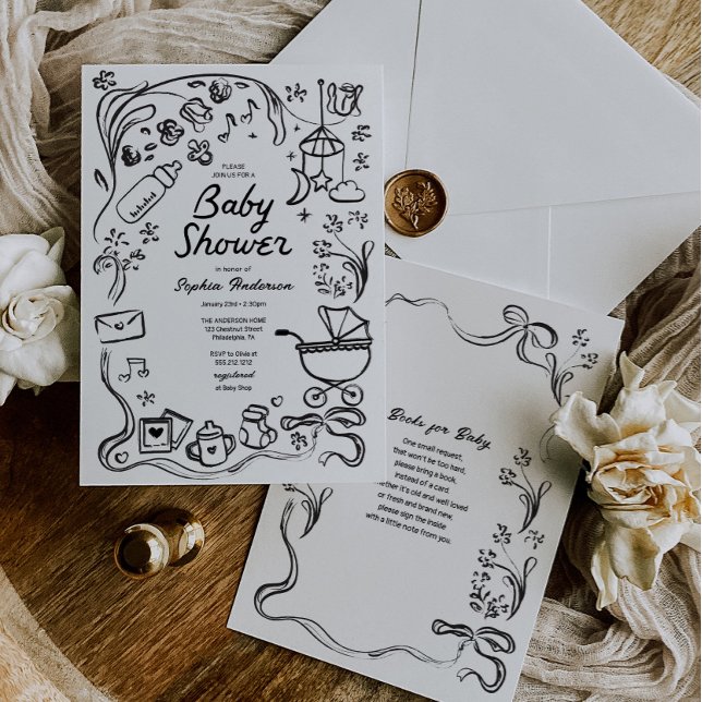 Hand Drawn Whimsical Books for Baby, Baby Shower Invitation (Creator Uploaded)