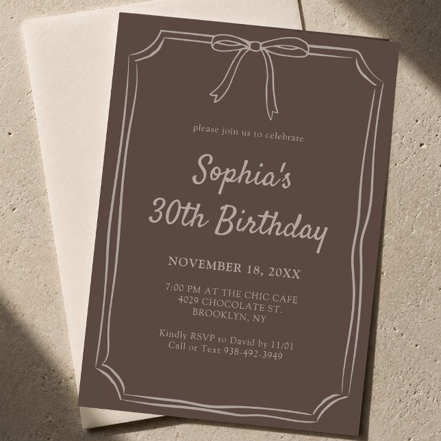 Hand Drawn Whimsical Bow Brown and Tan Birthday Invitation (Creator Uploaded)