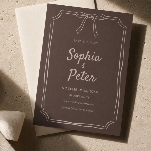 Hand Drawn Whimsical Bow Brown and Tan Wedding Save The Date (Creator Uploaded)
