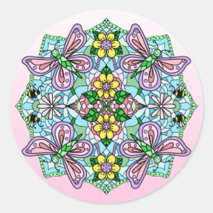 Hand Drawn Whimsical Butterfly Mandala   Classic Round Sticker