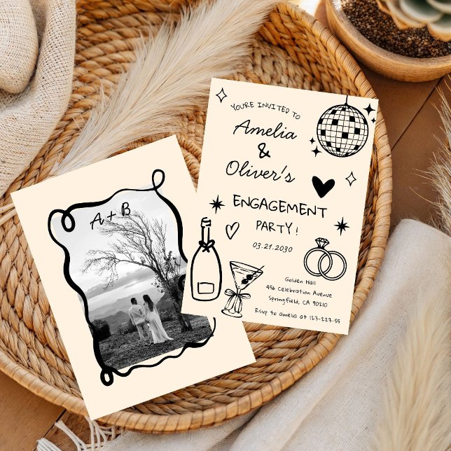 Hand Drawn Whimsical Champagne Disco Engagement Invitation (Creator Uploaded)