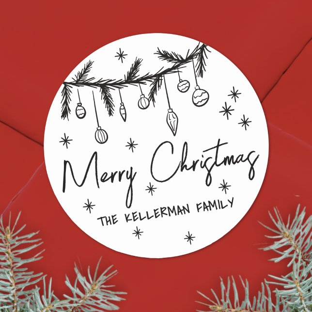 Hand Drawn Whimsical Christmas Classic Round Sticker (Hand Drawn Whimsical Merry Christmas Classic Round Sticker)