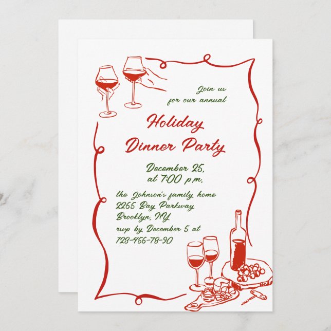 Hand Drawn Whimsical Christmas Holiday Dinner Invitation (Front/Back)