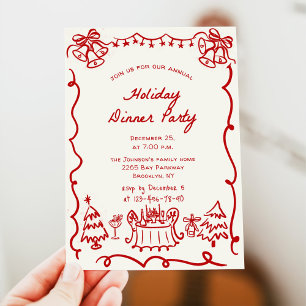 Hand Drawn Whimsical Christmas Holiday Dinner Invitation