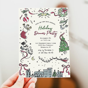 Hand Drawn Whimsical Christmas Holiday Dinner Invitation
