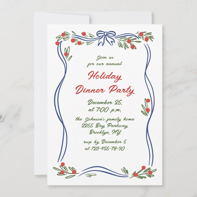 Hand Drawn Whimsical Christmas Holiday Dinner Invitation (Front)