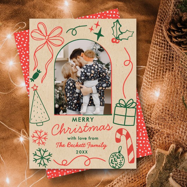 Hand Drawn Whimsical Christmas Photo Arch Kraft Holiday Card (Creator Uploaded)