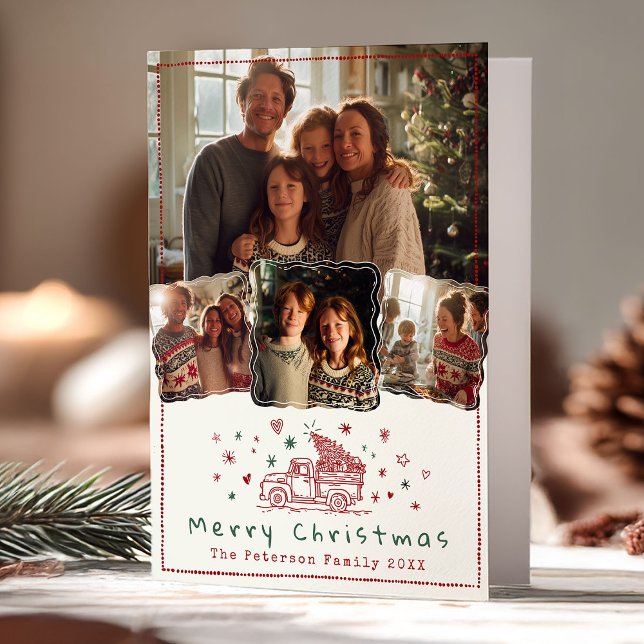 Hand Drawn Whimsical Christmas Truck 4 Photo Holiday Card (Creator Uploaded)