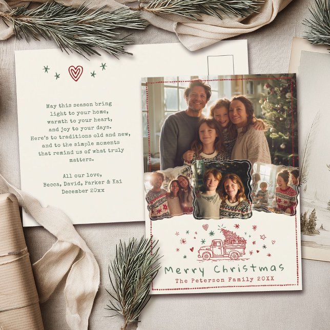 Hand Drawn Whimsical Christmas Truck 4 Photo Holiday Postcard (Creator Uploaded)