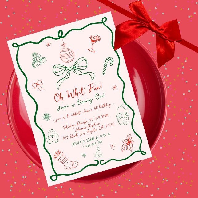 Hand Drawn Whimsical Christmas Winter 1st Birthday Invitation (Creator Uploaded)