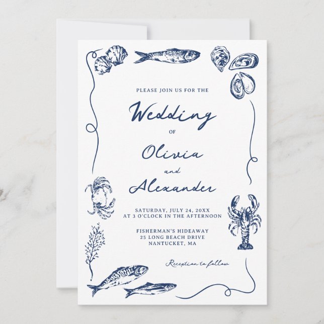 Hand Drawn Whimsical Coastal Navy Blue Wedding Invitation (Front)