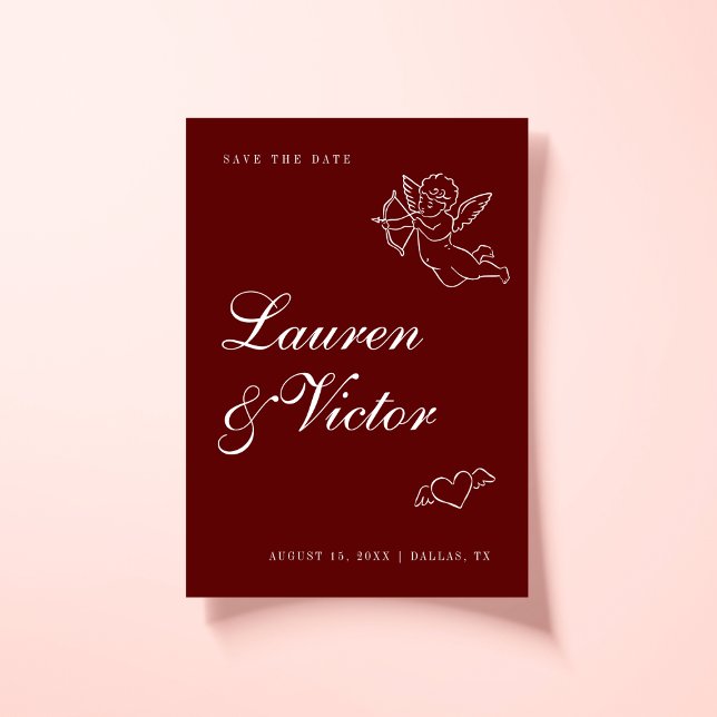 Hand Drawn Whimsical Cupid Burgundy Red Wedding Save The Date (Creator Uploaded)