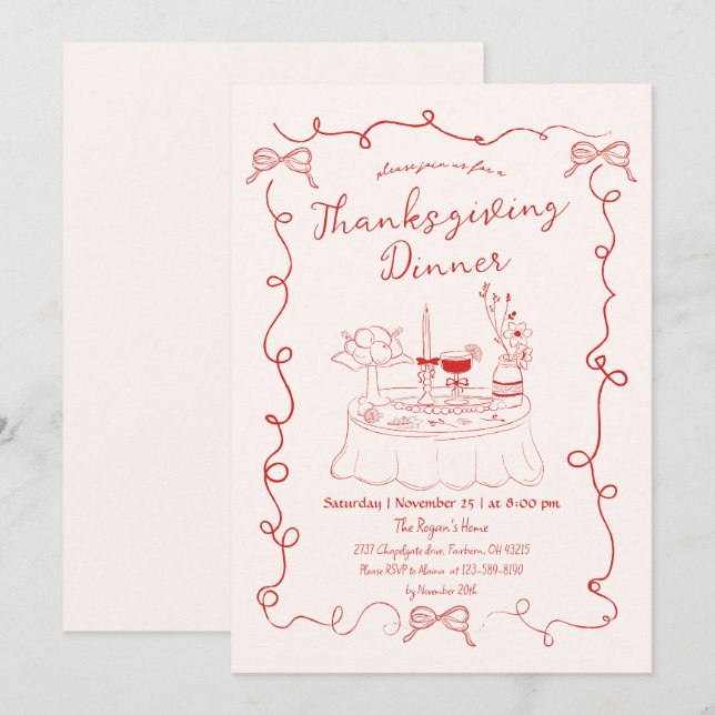 Hand Drawn Whimsical Dinner Table Thanksgiving  Invitation (Front/Back)