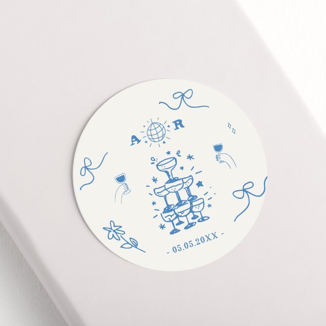 Hand Drawn Whimsical Disco French Wedding Monogram Classic Round Sticker (Creator Uploaded)