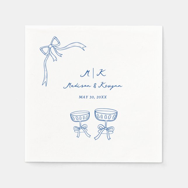 Hand Drawn Whimsical Doodle Blue Wedding Napkin (Front)