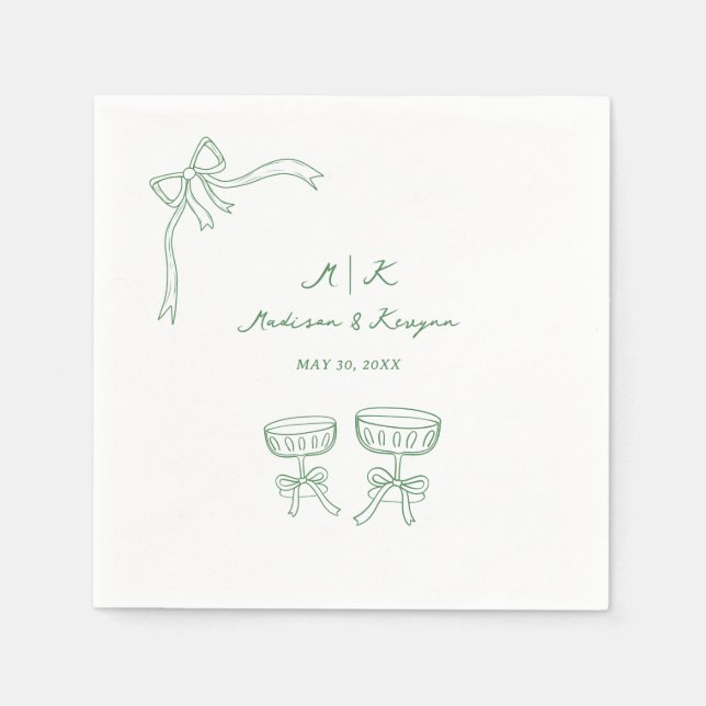 Hand Drawn Whimsical Doodle Green Wedding Napkin (Front)