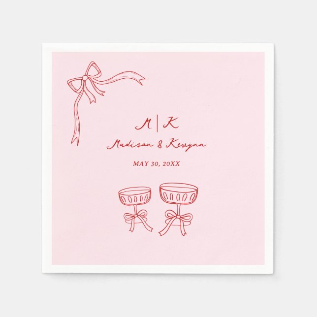 Hand Drawn Whimsical Doodle Red Pink Wedding Napkin (Front)