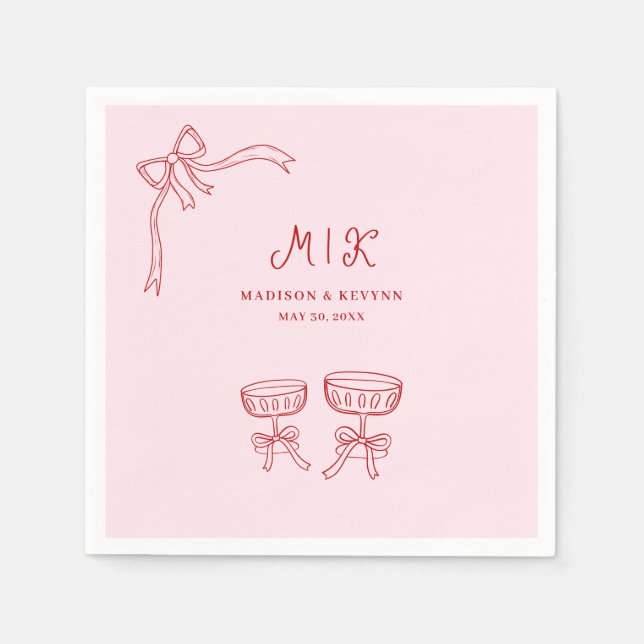 Hand Drawn Whimsical Doodle Red Pink Wedding Napkin (Front)