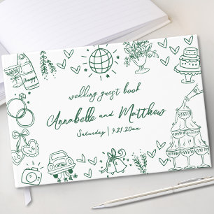 Hand Drawn Whimsical Emerald Green Wedding Guest Book