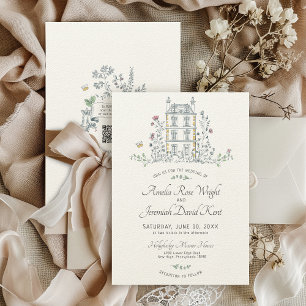 Hand Drawn Whimsical Floral Manor House Wedding Invitation