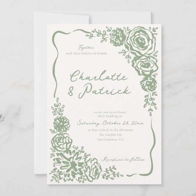 Hand drawn Whimsical Floral Sage Green Wedding Invitation (Front)