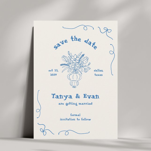 Hand Drawn Whimsical Flower Vase Blue Wedding Save The Date (Creator Uploaded)