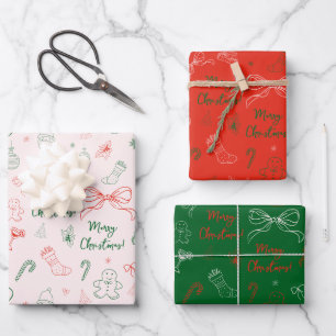 Hand Drawn Whimsical French Coquette Bow Christmas Wrapping Paper Sheet