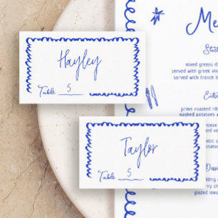 Hand Drawn Whimsical Fun Blue Wedding Table Flat Place Card