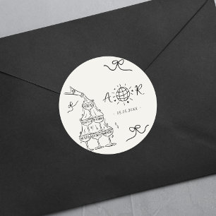 Hand Drawn Whimsical Fun French Wedding Monogram Classic Round Sticker