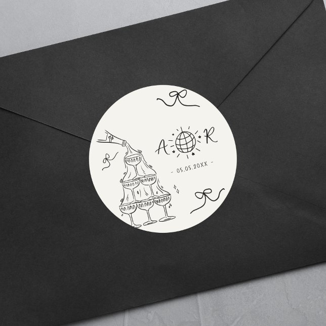Hand Drawn Whimsical Fun French Wedding Monogram Classic Round Sticker (Creator Uploaded)