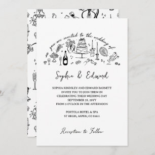 Hand-drawn whimsical line art wedding style invitation