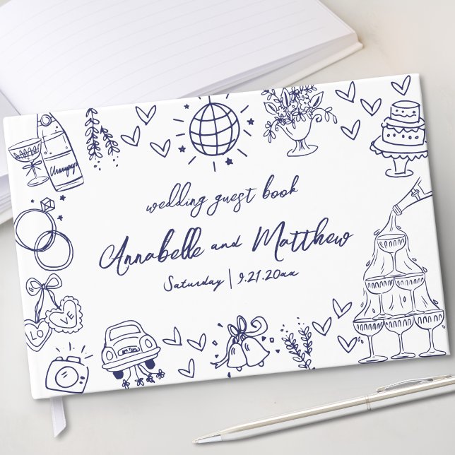 Hand Drawn Whimsical Navy Blue Wedding Guest Book (Hand Drawn Whimsical Navy Blue Wedding Guest Book)
