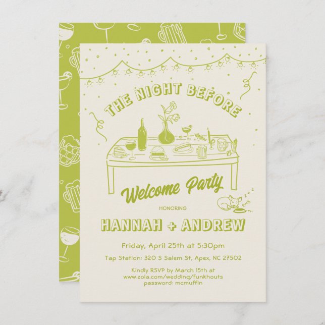 Hand drawn whimsical night before welcome party invitation (Front/Back)