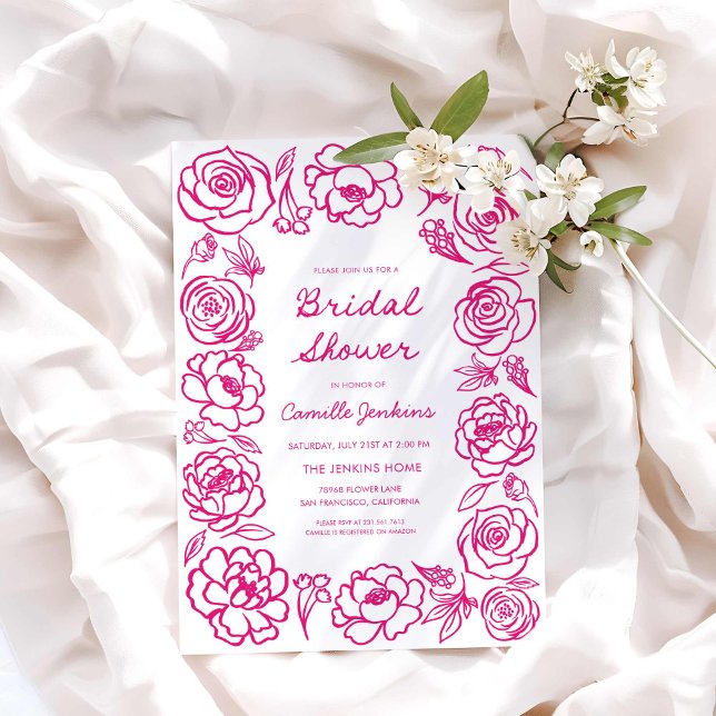 Hand Drawn Whimsical Pink Floral Bridal Shower Invitation (Whimsy Hot Pink Floral Bridal shower invitation)