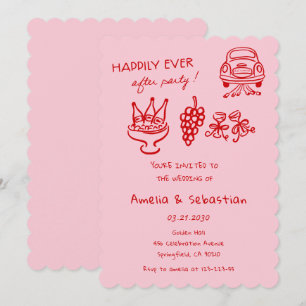 Hand Drawn Whimsical Pink Wedding Doodle Invitation