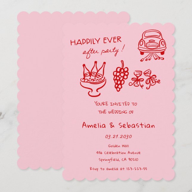 Hand Drawn Whimsical Pink Wedding Doodle  Invitation (Front/Back)