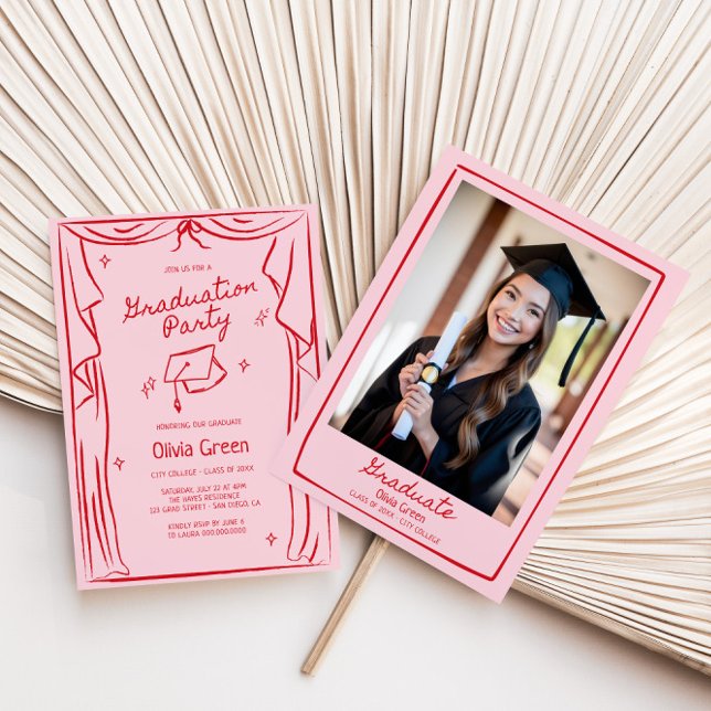 Hand Drawn Whimsical Red Blush Graduation  Invitation (Creator Uploaded)
