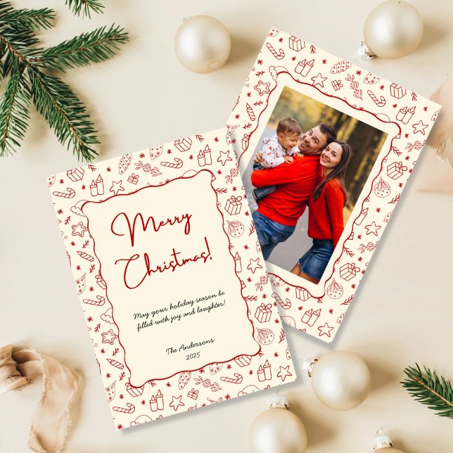 Hand Drawn Whimsical Red Doodle Christmas Photo Holiday Card (Creator Uploaded)