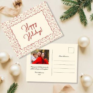 Hand Drawn Whimsical Red Doodle Christmas Photo Holiday Postcard