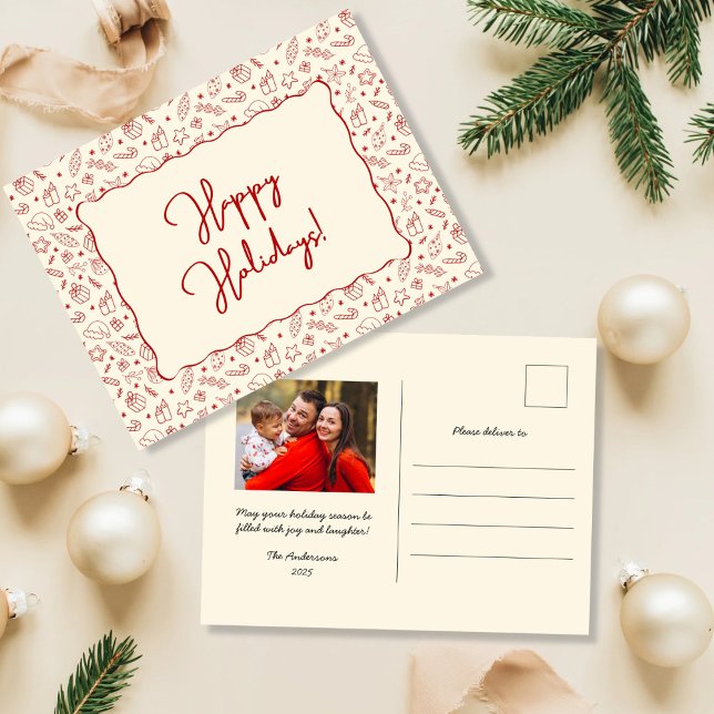 Hand Drawn Whimsical Red Doodle Christmas Photo Holiday Postcard (Creator Uploaded)