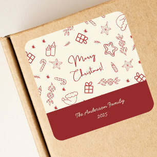 Hand Drawn Whimsical Red Doodle Christmas Square Sticker
